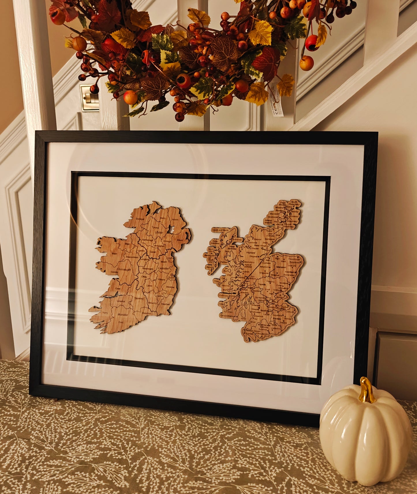 "Across the Sea" Ireland & Scotland Hand-Engraved Wooden Map | Modern Heritage Wall Art for Family Roots | Custom Framed Celtic Journey Gift