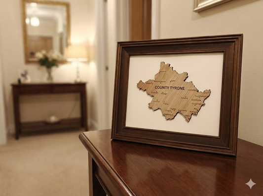 "The O'Neill County" Engraved Wooden Map of Tyrone | Custom Framed Heritage Art in Brown or Sage Green | Personalised Irish Roots Gift