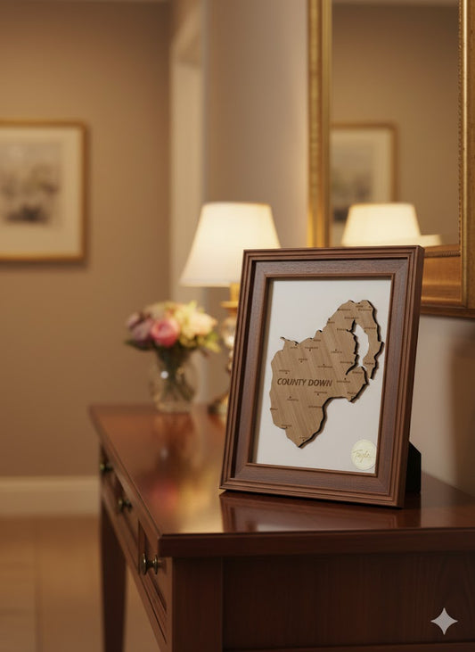 "Where the Mountains Meet the Sea" County Down Map | Engraved 3D Wood Art | Custom Glass-Fronted Frame in Sage Green or Classic Brown