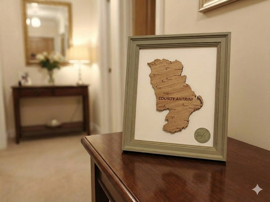 "The Glens & The Causeway" County Antrim Engraved Wooden Map | 3D Heritage Art in Sage Green or Classic Brown Frame | Personalised North Coast Roots Gift