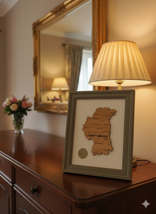 "The Orchard County" County Armagh Engraved Wooden Map | 3D Heritage Art in Sage Green or Classic Brown Frame | Personalised Irish Roots Gift