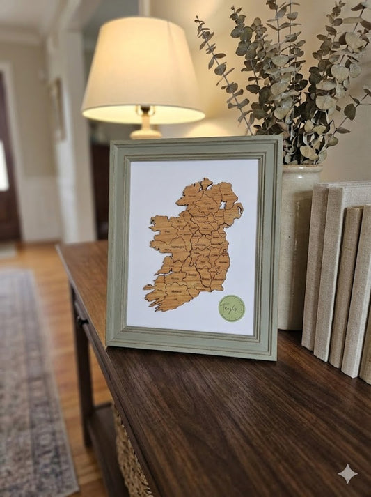 "The Island of Memories" Small Ireland Engraved Map | 3D Wood Art in Sage Green or Classic Brown Frame | Intimate Irish Heritage Desk & Shelf Decor