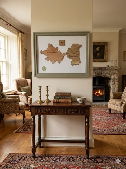 "Across the Border" Armagh & Tyrone Double Map | Engraved 3D Heritage Art | Custom Glass-Fronted Frame in Sage Green or Classic Brown